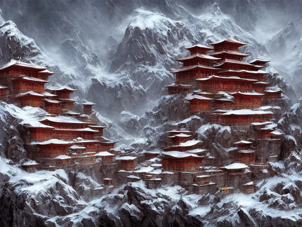 Image similar to shaolin monastery on snowy mountain, rope ladder everywhere, trending on artstation, by frank frazetta, concept art, digital art, cool color palette, 8 k, sad, incandescent, cinematic lighting, ray tracing ambient occlusion, in a symbolic and meaningful style, insanely detailed and intricate, hypermaximalist, elegant, ornate, hyper realistic, super detailed