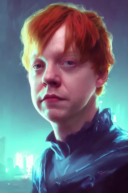 Image similar to portrait of Rupert Grint as Ron Wisly in cyberpunk, neon lighting, night city, digital art from artstation by Ruan Jia and Mandy Jurgens and Artgerm and william-adolphe bouguereau and Greg Rutkowski