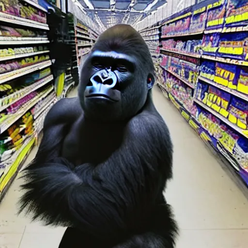 Image similar to photo of gorilla in walmart, cctv footage,