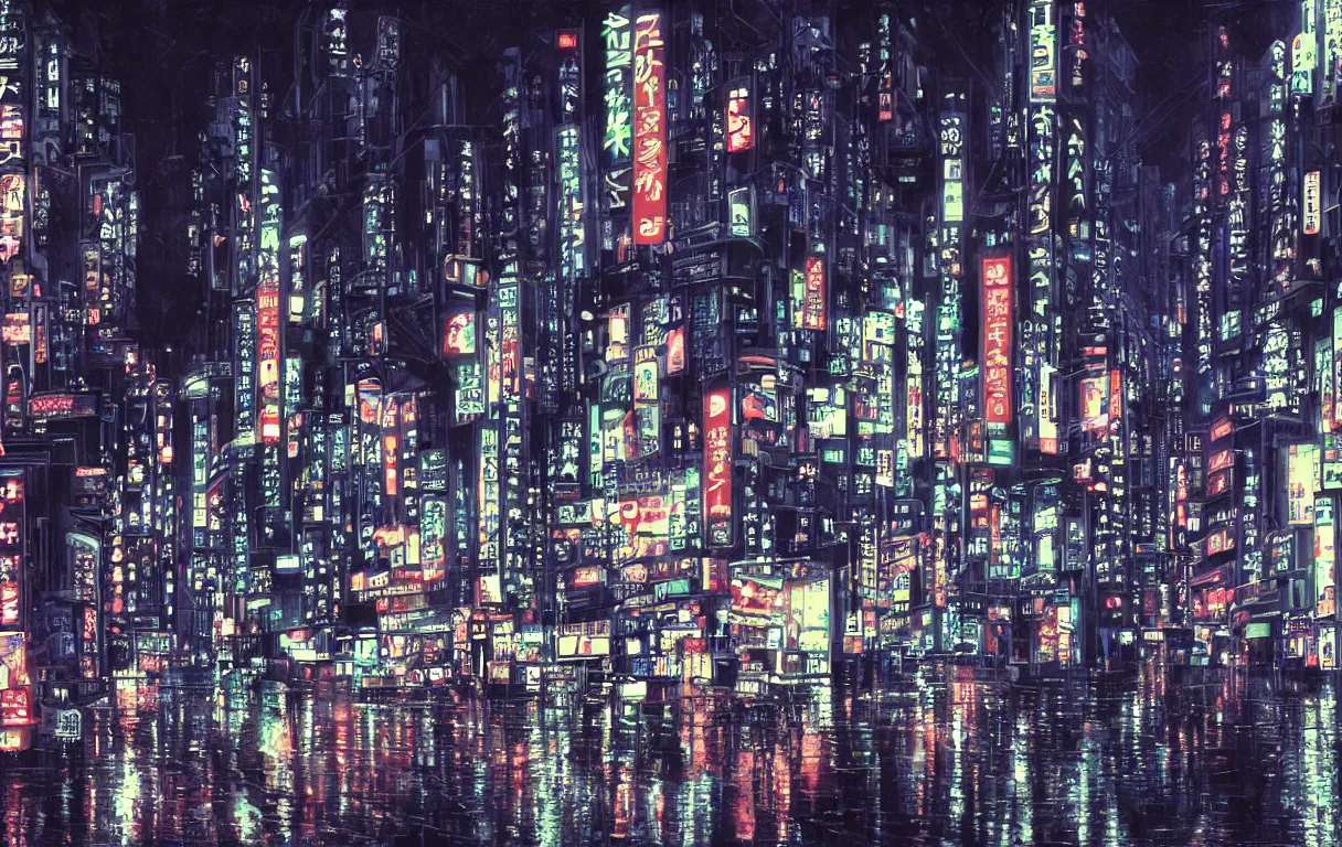 Prompt: neo tokyo at night, heavy rain, high quality, by Kirokaze