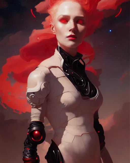 Image similar to masterpiece concept art, a beautiful highly detailed sci - fi renaissance lady, confident pose, by peter mohrbacher and jae lee, 8 k, intricate detail, cinematic lighting, red white and black colors