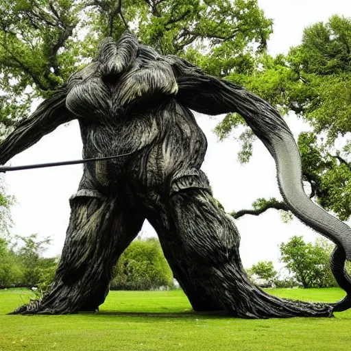 Prompt: A beautiful installation art of a large, looming creature with a long, snake-like body. The creature has many large, sharp teeth, and its eyes glow a eerie green. It is wrapped around a large tree, which is bent and broken under the creature's weight. There is a small figure in the foreground, clutching a sword, which is dwarfed by the size of the creature. warm, Wanda Gág by Naoto Hattori, by Claude Cahun intuitive