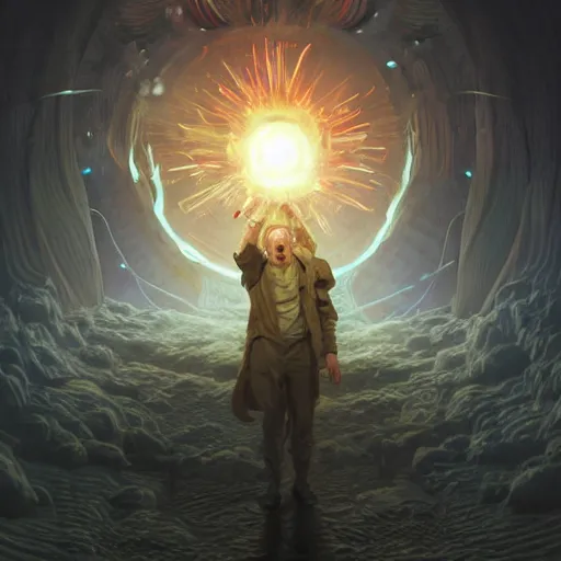 Image similar to epic portrait a crazy ugly scientist opening an portal to another dimension, blurry backround, glowing, digital painting, artstation, concept art, soft light, hdri, smooth, sharp focus, illustration, fantasy, intricate, elegant, highly detailed, D&D, matte painting, in the style of Greg Rutkowski and Alphonse Mucha and artemisia, 8k, highly detailed, jurgens, rutkowski, bouguereau, pastoral, rustic, georgic