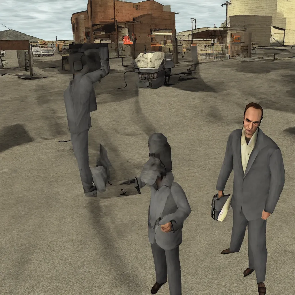 Prompt: Saul Goodman in a GTA San Andreas mission cutscene with CJ, game screenshot