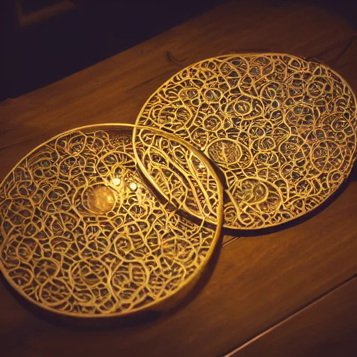 Prompt: a well - lit photo of an intricate gold filigree art nouveau set of concentric spheres on a wooden table, beautiful, detailed, flowing curves