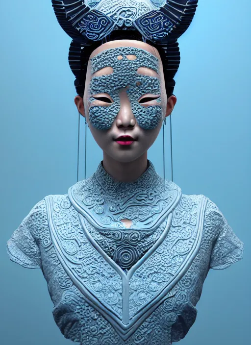 Prompt: 3 d goddess waist shot portrait. beautiful intricate highly detailed korean dokkaebi mask and traditional korean hanbok. stingray, magpie, bioluminescent, iridescent, plasma, lava, ice, water, wind, creature, key lighting, artwork by tooth wu and wlop and beeple and greg rutkowski, 8 k trending on artstation,