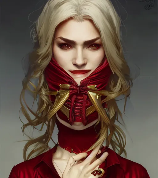 Image similar to female vampire, gold waistcoat, red shirt, grey hair, red necktie, cinematic, stunning, highly detailed, digital painting, artstation, smooth, hard focus, full body shot, illustration, art by artgerm and greg rutkowski and alphonse mucha