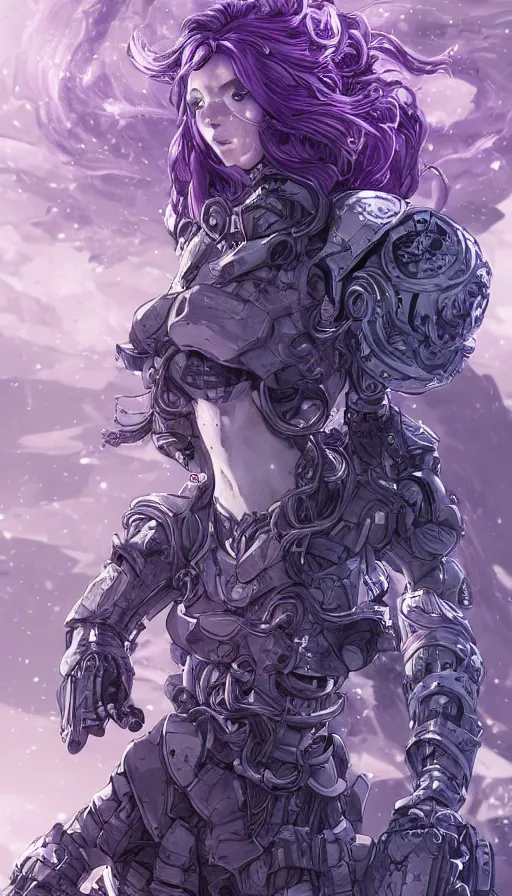 Image similar to portrait of a pale woman in power armor with flowing purple hair, elegant, stoic, intense, ultrafine hyperdetailed illustration by kim jung gi, irakli nadar, intricate linework, sharp focus, bright colors, octopath traveler, final fantasy, hearthstone, highly rendered, global illumination, radiant light, detailed, intricate environment