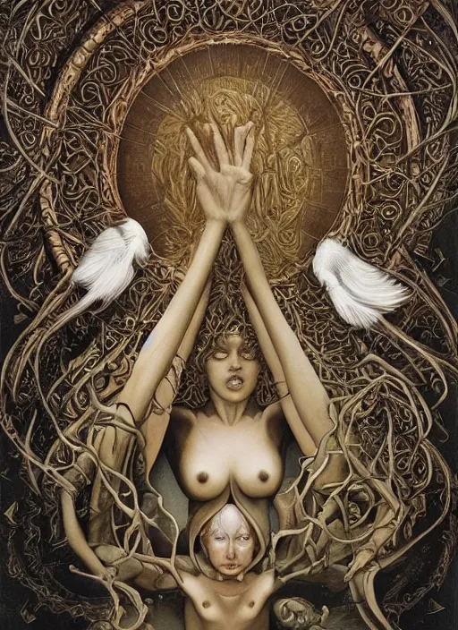 Image similar to supernatural ideal cult leader, extra - sensory perception and parapsychology, showing hidden knowledge from dark ritual book, intricate detail, surrealism masterpiece composition, by michael parkes, alex horley, casey weldon