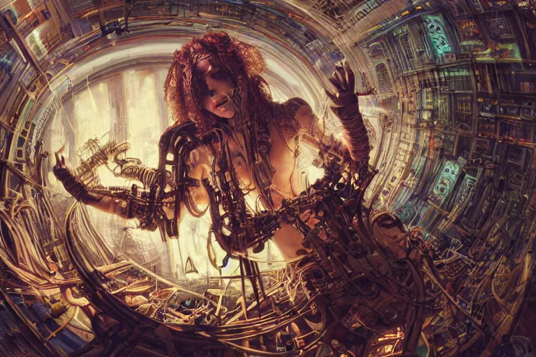 Image similar to a fisheye lens photo of a post apocalyptic tribal cyborg dj goddess tweaking and playing synthesizers in the most complicated and technical spiral fractal musical studio, powerful, cinematic, beautifully lit, by donato giancola, by artgerm, by karol bak, 3 d, perfect face and body, trending on artstation, octane render, 8 k