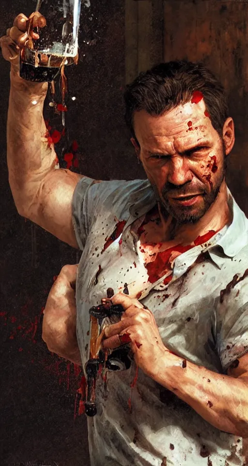 Image similar to close up of bloodied max payne pouring a drink, sun shining, photo realistic illustration by greg rutkowski, thomas kindkade, alphonse mucha, loish, norman rockwell.