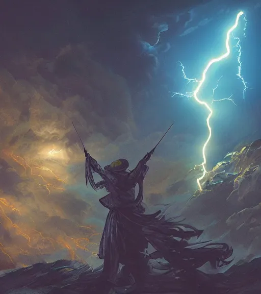Prompt: a wizard summoning lightning from the sky, glowing yellow eyes, intricate, highly detailed, artstation, concept art, perfect composition, dynamic lighting, illustration, volumetric lighting, illustration, sharp focus, art by A. Shipwright