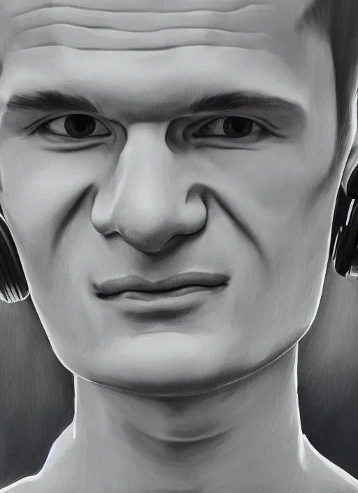 Image similar to vitalik buterin in headphones. vitalik buterin, close up, perfect symmetric face, coherent eyes, cute happy face, fine details., 4 k, hans zatska, oil paint