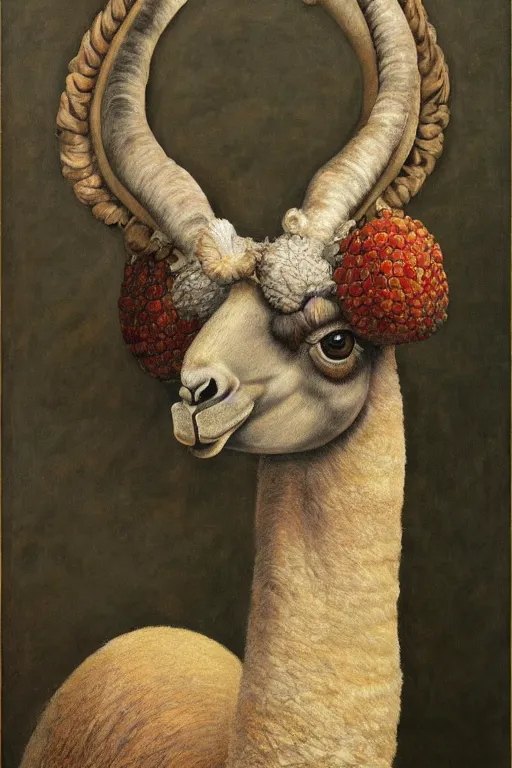 Image similar to llama portrait symbolism painting of highly detailed surealistic giant rennessaince llama head with complex shell body in the style of hieronymus bosch, llama, berries oil on canvas, master painting, melancholic, llama head