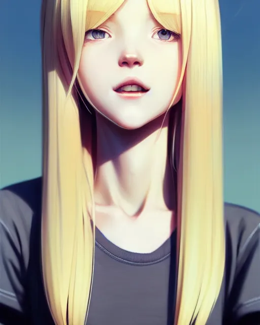 Image similar to detailed up close portrait of a beautiful blonde english girl in tshirt, stoned and happy, by saruei and guweiz and ilya kuvshinov and rockwell and warhol and range murata!!, magic art, sleek curves, ultra clear and sharp focus, trending on artstation hq, deviantart, pinterest, unreal engine 5, 4 k uhd image