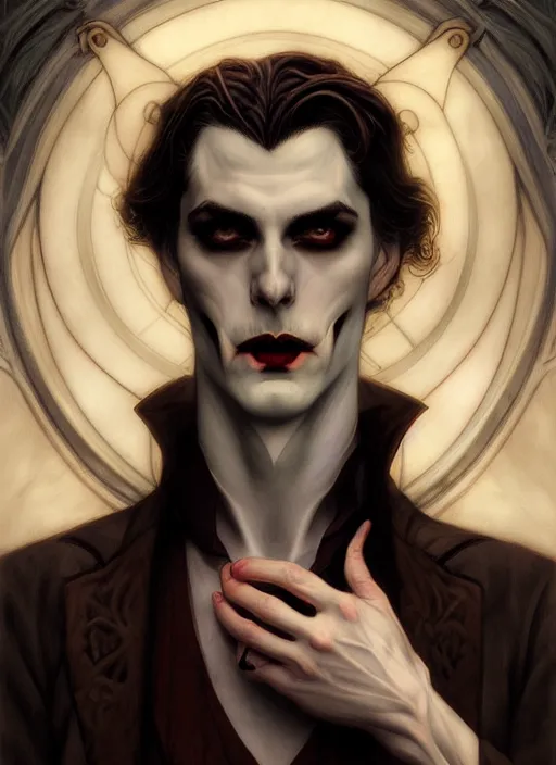 Image similar to an art nouveau, male vampire portrait in the style of charlie bowater, and in the style of donato giancola, and in the style of charles dulac. very large, clear, expressive, intelligent eyes. symmetrical, centered, ultrasharp focus, dramatic lighting, photorealistic digital painting, intricate ultra detailed background.