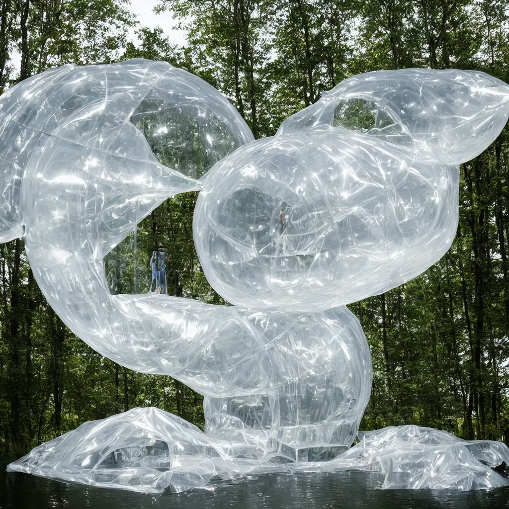 Image similar to an inflatable house made of clear plastic sheeting. The house is made of 3 inflated bubbles. The inflated house sits in a lake on the edge of a forest. A family is living inside the bubble house and it is furnished with contemporary furniture and art. The bubbles are connected with ladders and rope bridges. ultra wide shot, coronarender, 8k, photorealistic