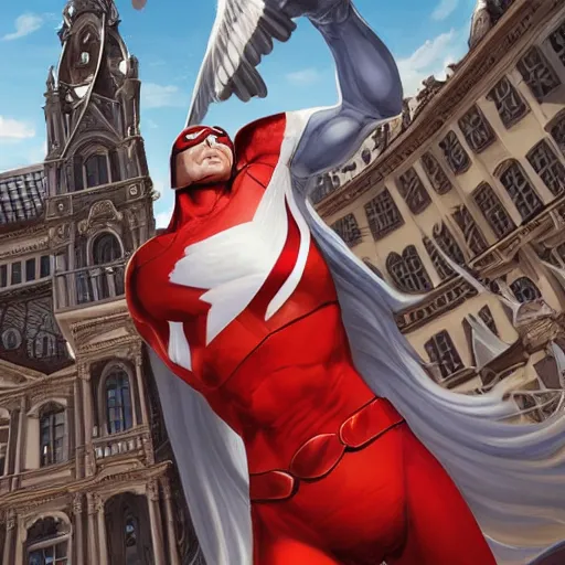 Image similar to highly realistic digital painting of a superhero, red and white costume colors, with an eagle emblem, eagle logo, vienna city, european buildings, austrian architecture, highly detailed, digital painting, artstation, concept art, smooth, sharp focus, illustration, unreal engine 5, 8 k, art by artgerm and greg rutkowski and edgar maxence