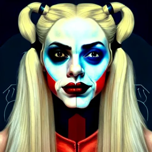 Prompt: close up face of an extremely beautiful face portrait, masterpiece, oil on canvas, death and robots, harley quinn, artgerm, norman rockwell, craig mulins, trending on pxiv,