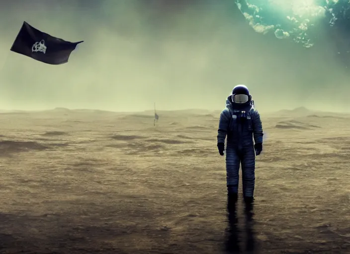 Image similar to astronaut holding a flag in an underwater desert. a submarine is visible in the distance. dark, concept art, cinematic, dramatic, atmospheric, 8 k, trending on artstation, blue, fish, low visibility, fog, ocean floor, christopher nolan, interstellar