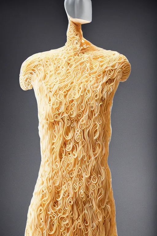 Prompt: A beautiful dress made out of a noodles, on a mannequin. High quality, high resolution, studio lighting