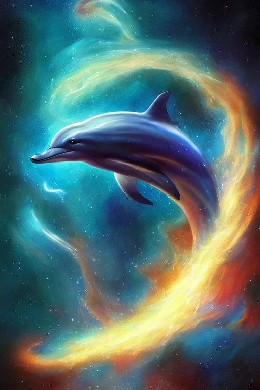 Image similar to Ethereal blue fire dolphin dolphin flying through a nebula, Sirius star system, star dust, cosmic, magical, shiny, glow,cosmos, galaxies, stars, outer space, stunning, by andreas rocha and john howe, and Martin Johnson Heade, featured on artstation, featured on behance, golden ratio, ultrawide angle, hyper detailed, photorealistic, epic composition, wide angle, f32, well composed, UE5, 8k