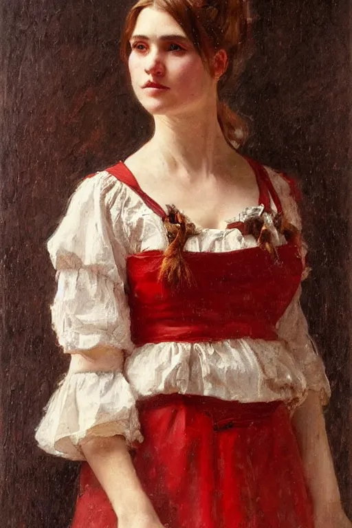 Image similar to Solomon Joseph Solomon and Richard Schmid and Jeremy Lipking victorian genre painting full length portrait painting of a young beautiful woman traditional german barmaid in traditional costume, red background