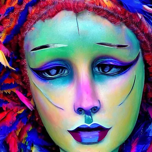 Image similar to a close up of a mannequin with makeup, an impressionist painting by briana mora, instagram contest winner, neo - fauvism, feminine, made of feathers, i can't believe how beautiful this is