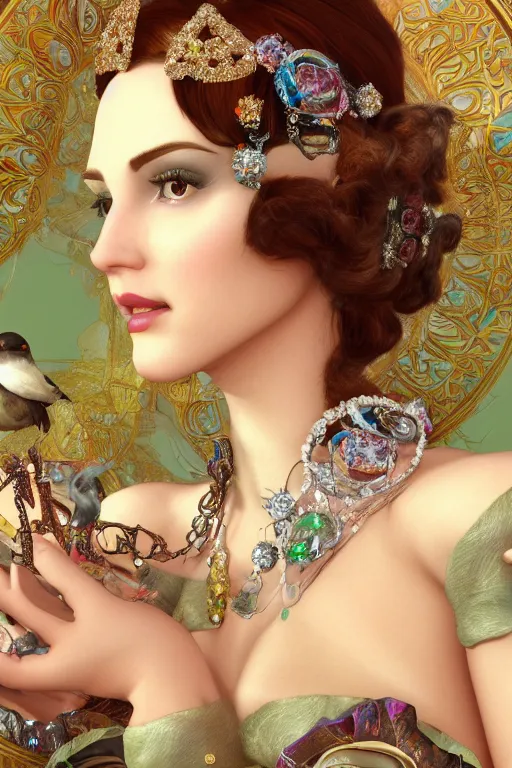 Prompt: face closeup, 3 d render of english princess holding birds, ornaments, jewels, diamonds, mucha vibe, dieselpunk, solarpunk, artstation