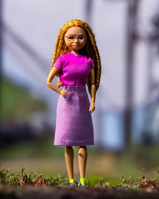 Image similar to high quality presentation photo of a cute greta thunberg barbie doll, photography 4k, f1.8 anamorphic, bokeh, 4k, Canon, Nikon