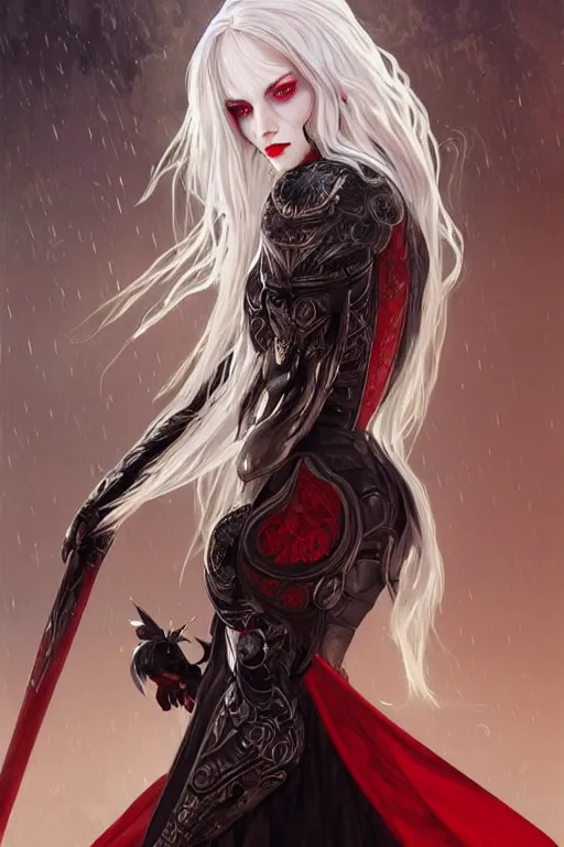 Prompt: portrait white hair sinister knights of Zodiac girl+smoky eyes, black fire red color reflected armor, in ruined Agora of Athens rainy night, ssci-fi and fantasy, intricate and very very beautiful and elegant, highly detailed, digital painting, artstation, concept art, smooth and sharp focus, illustration, art by tian zi and WLOP and alphonse mucha