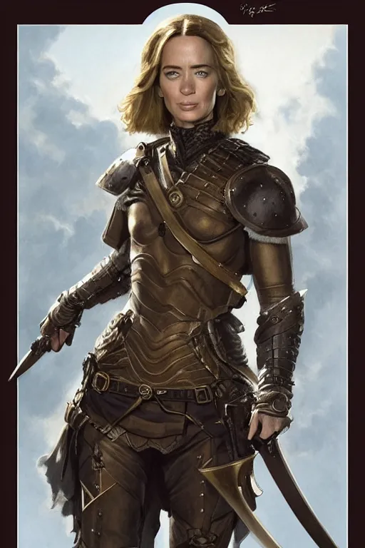 Image similar to full - body portrait of emily blunt as a ranger, metal breastplate, magical, high fantasy, d & d, by john collier, face details, extremely detailed, digital illustration