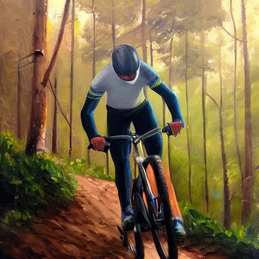 Image similar to man with helmet biking up a steep forest hill, sweaty. Oil painting. Emotional.