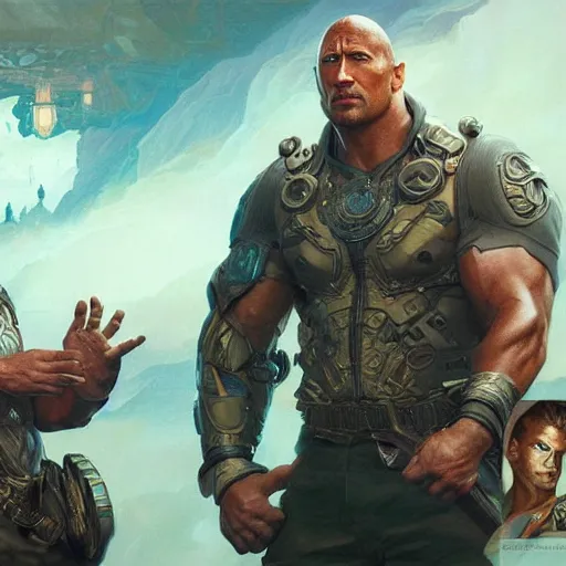 Image similar to Dwayne Johnson and Ryan Gosling Save the World, fantasy, intricate, elegant, highly detailed, digital painting, artstation, concept art, smooth, sharp focus, illustration, art by artgerm and greg rutkowski and alphonse mucha