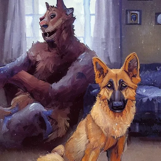 Image similar to a humanoid german shepherd beast - man, sitting and watching a soccer match in his house on television, he has hurt his knee and is a dad, by erin hanson, alexi zaitsev, karl spitzweg, award winning, tv set