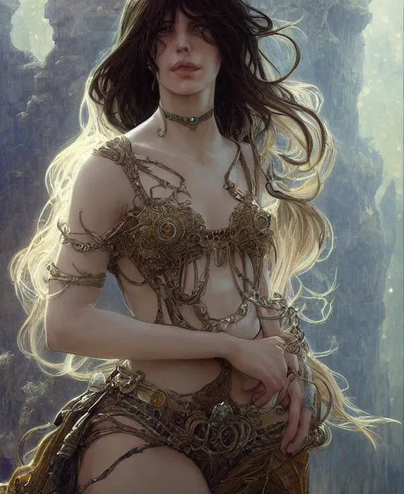 Image similar to portrait of a fantasy woman, half body, d & d, fantasy, intricate, elegant, highly detailed, digital painting, artstation, concept art, art by artgerm and greg rutkowski and alphonse mucha, luis royo