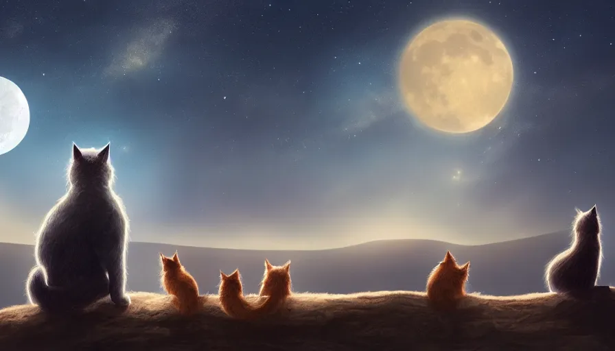 Image similar to cats on the hill looking at the stars in the sky together at night, moon and stardusts, hyperdetailed, artstation, cgsociety, 8 k