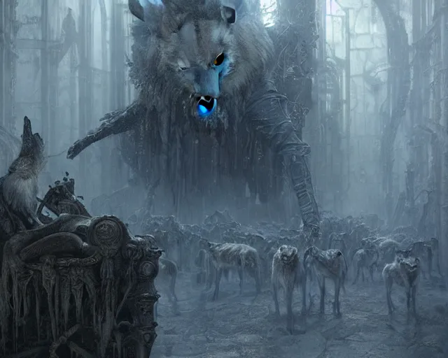 Image similar to king of the wolves - fantasy, inside the king's hall wolves and their treasures, ethereal, ominous, misty, 8 k, by h. r. giger and greg rutkowski