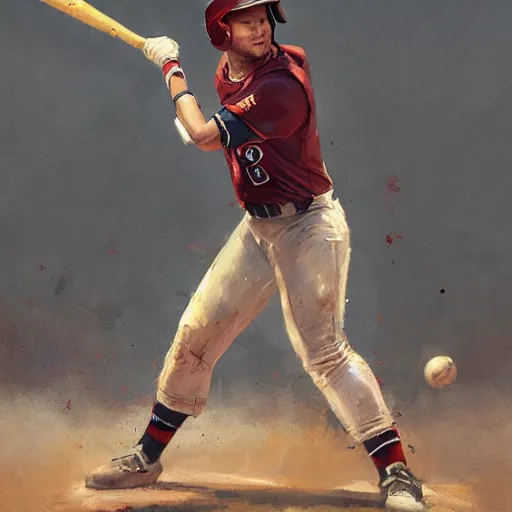 Image similar to baseball player hitting the ball with the baseball bat in the middle of the game and in front of everyone in the stadium, james gurney painting style, greg rutkowski, artstation