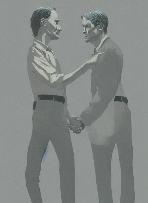 Prompt: Twin Peaks portrait of Mads Mikkelsen and Hugh Dancy holding hands romantically as they chaperone school dance by Zdzislaw Beksinski, Michael Whelan, Bob Larkin and Tomer Hanuka, simple illustration, domestic, nostalgic, clean, Matte painting, trending on artstation and unreal engine, New Yorker magazine cover, 1980s romance book cover