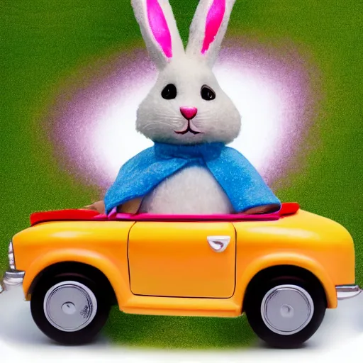 Image similar to easter bunny riding a convertible, studio photo, high quality