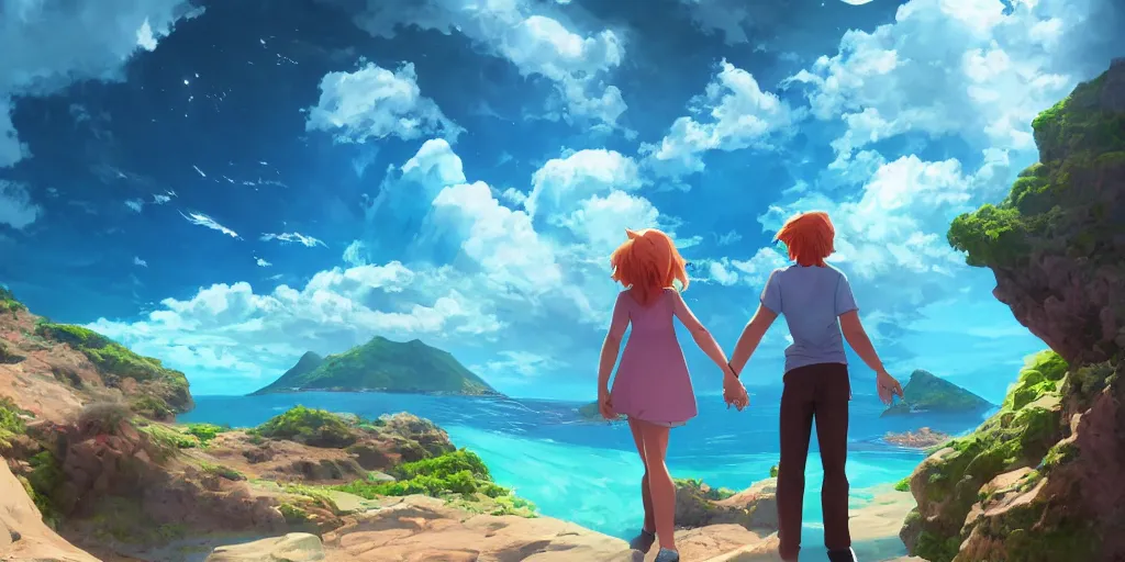 Prompt: a beautiful couple holding their hands on a cloud above emerald lagoon of Sint-Marteen with a marshall speaker with visible music coming from, CLOUD9 is written under the illustration, mattepainting concept Blizzard pixar maya engine on stylized background global illumination lighting artstation  lois van baarle, ilya kuvshinov, rossdraws