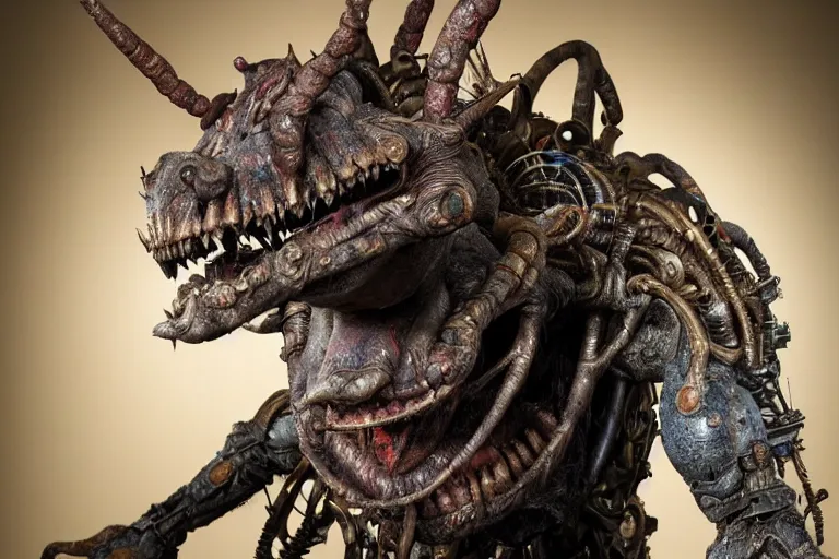 Image similar to photo taken of an epic intricate, ultra detailed, super realistic gritty, hero prop, exquisitely weathered animatronic movie prop of a lifelike sculpture of a nightmarish creature displayed in the workshop, created by weta workshop, full body shot, photorealistic, sharp focus