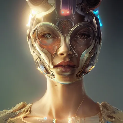 Prompt: A close-up portrait of a beautiful female cyborg wearing an intricate venetian mask by wlop, exposed inner structure, glowing eyes, art nouveau card, digital painting, trending on artstation