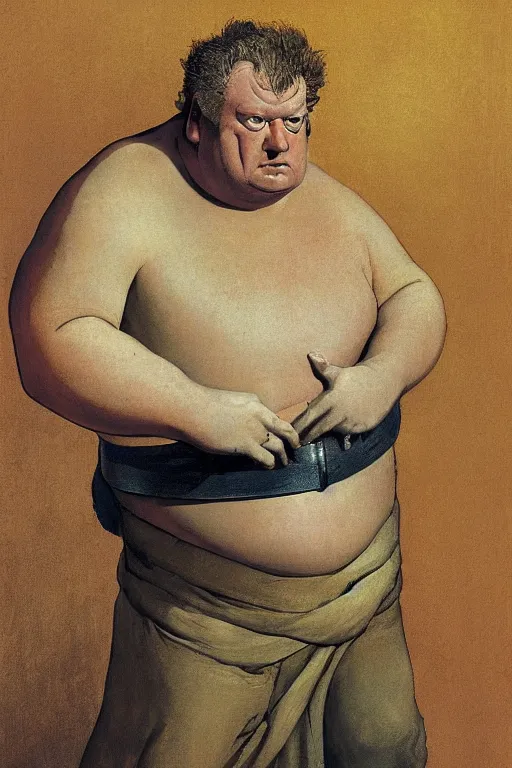 Prompt: upper body portrait of actor kenneth mcmillan as baron harkonnen in dune, colour painting by normal rockwell, guidi prime background by carl spitzweg