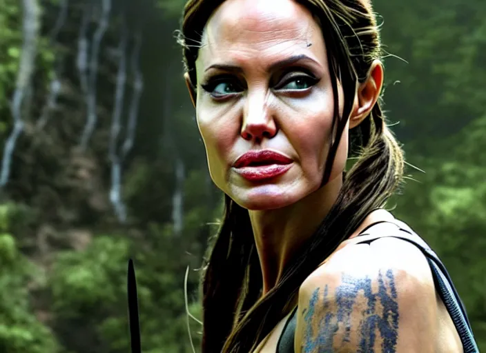 Image similar to film still of!!!! angelina jolie!!! as lara croft in new tomb raider movie, 8 k