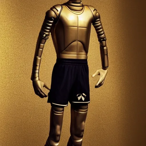 Image similar to a realistic detailed photo of a guy who is an attractive humanoid who is half robot and half humanoid, who is a male android, soccer player martin ødegaard, shiny skin, posing like a statue, blank stare, in a living room, on display, showing off his muscles, gold soccer shorts