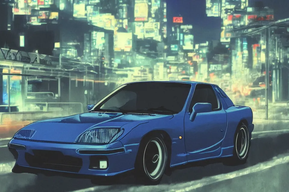 Image similar to aesthetic illustration of ryosuke takahashi with black hair wearing a dark blue shirt leaning on his white mazda rx 7 on an empty highway at dusk, cinematic lighting, initial d anime 1 0 8 0 p, detailed anime face, high detail, 9 0 s anime aesthetic, volumetric lights, rule of thirds, unreal engine 5 render, pinterest wallpaper, trending on artstation