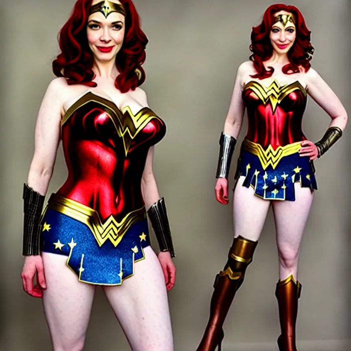 Image similar to professional full length photograph of christina hendricks as wonder woman. Extremely detailed. 8k