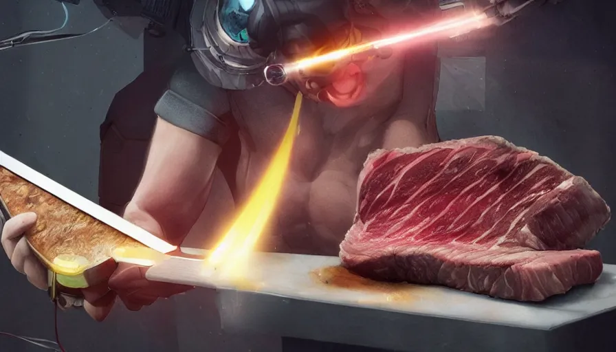 Prompt: homelander cutting a piece of steak with lazers coming from his eyes, hyperdetailed, artstation, cgsociety, 8 k